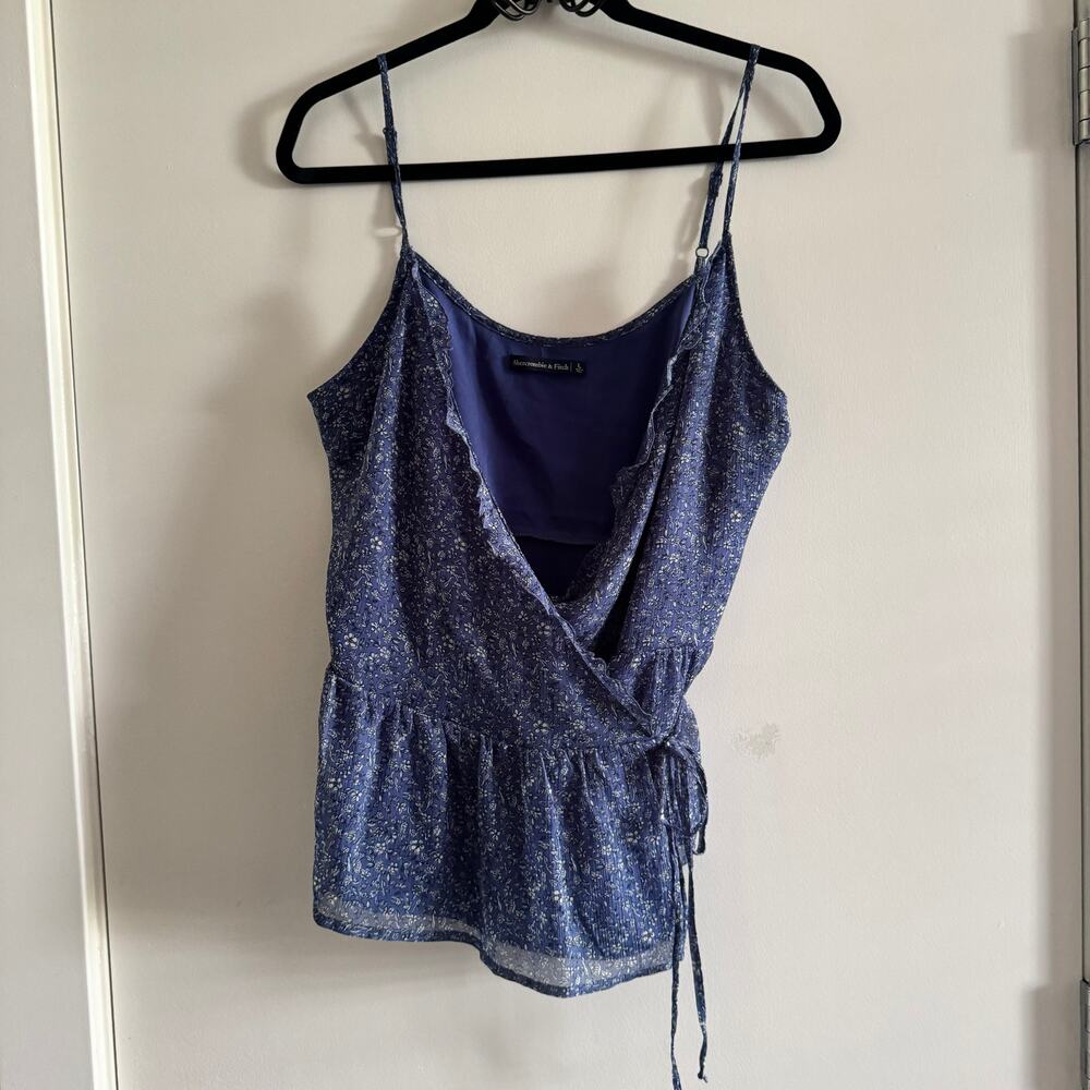 Abercrombie & Fitch Top Blue V-Neck Floral Wrap Tie Ruffle Hem Sleeveless Sz L